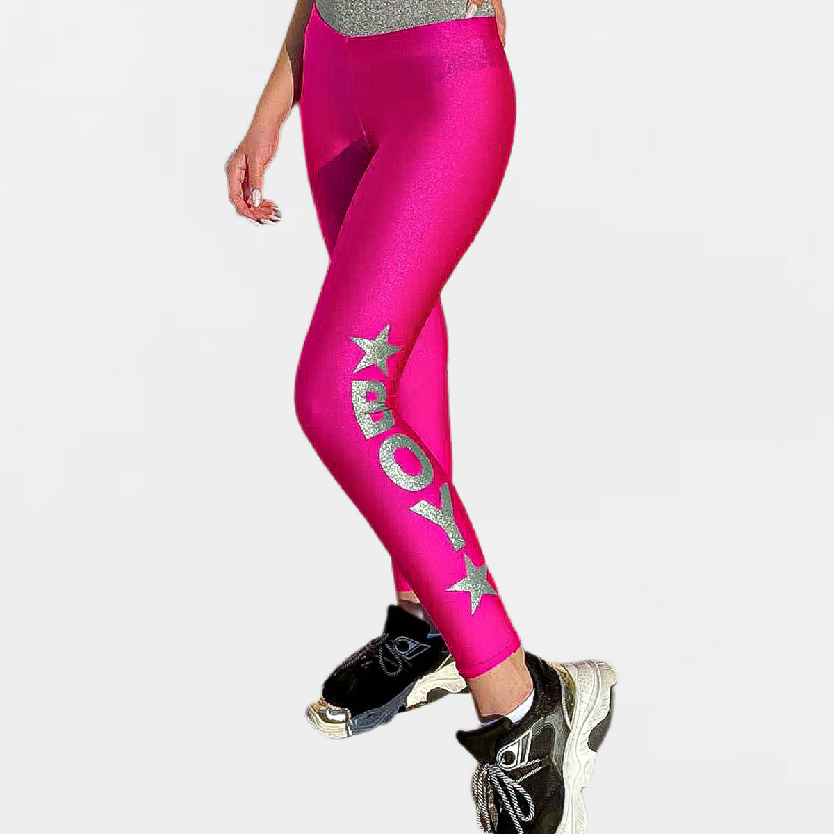 Leggins donna BOY LONDON in lycra con stampa glitter fuxia – MASCARO