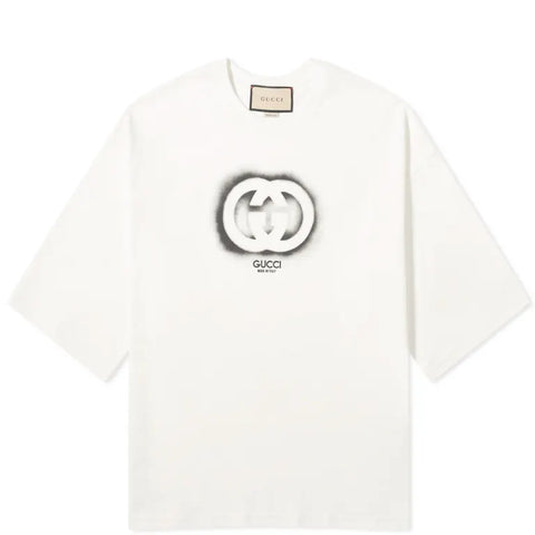 T-shirt GUCCI stampa interlocking sprayed logo G bianco sporco