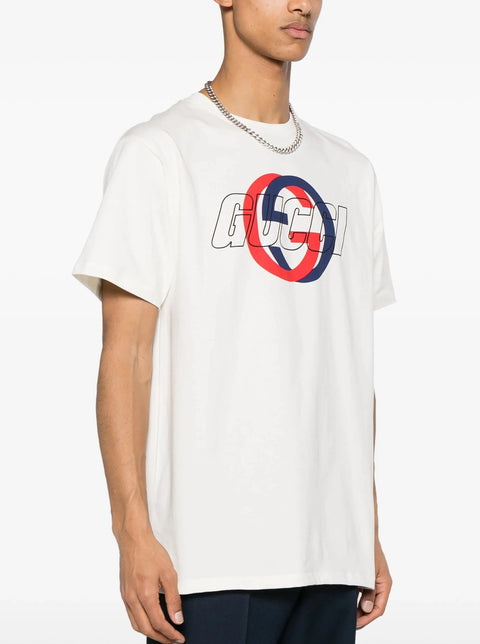 T-shirt GUCCI stampa logo interlocking G bianco sporco