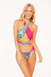 Costume bikini 4GIVENESS top incrocio e slip anelli leo pink flaming