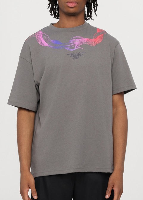 T-shirt PHOBIA grigia stampa serpenti al collo rosso/blu