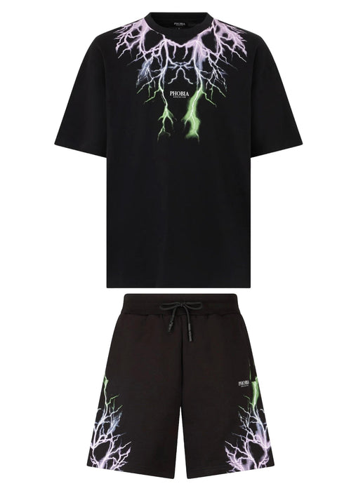 Completo estivo PHOBIA ARCHIVE t-shirt + pantaloncino fulmini viola/verde nero