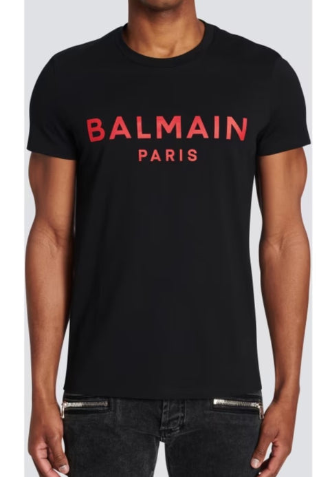 T-shirt BALMAIN stampa logo roso nera