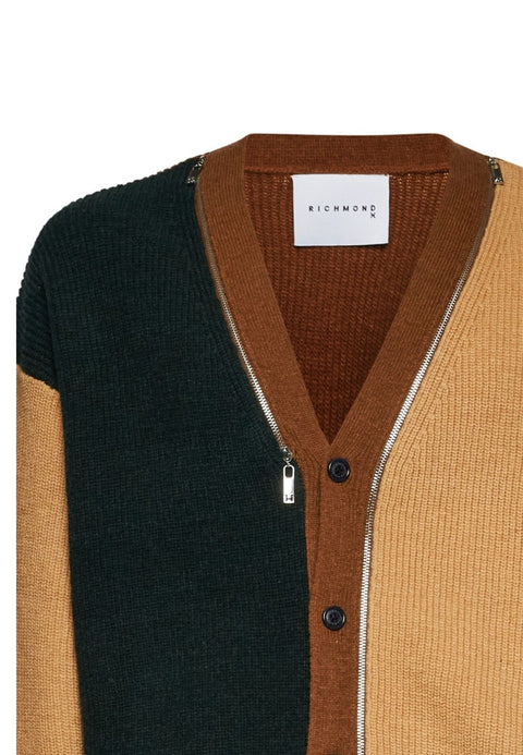 Maglione cardigan RICHMOND X doppia zip marrone/sabbia/nero