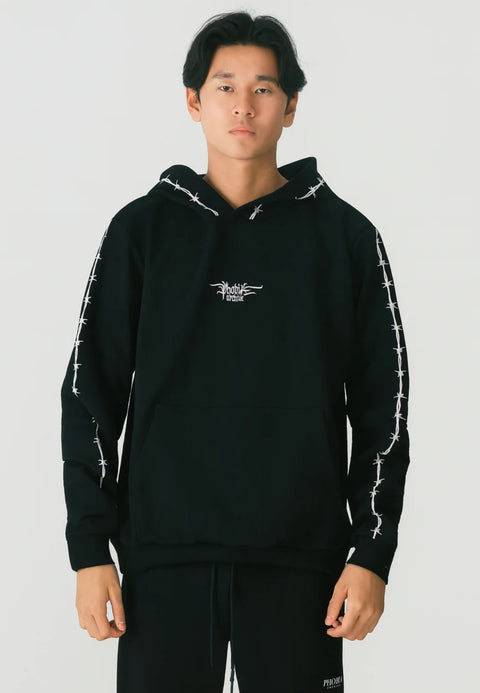 Felpa PHOBIA cappuccio nera filo spinato ricamato bianco