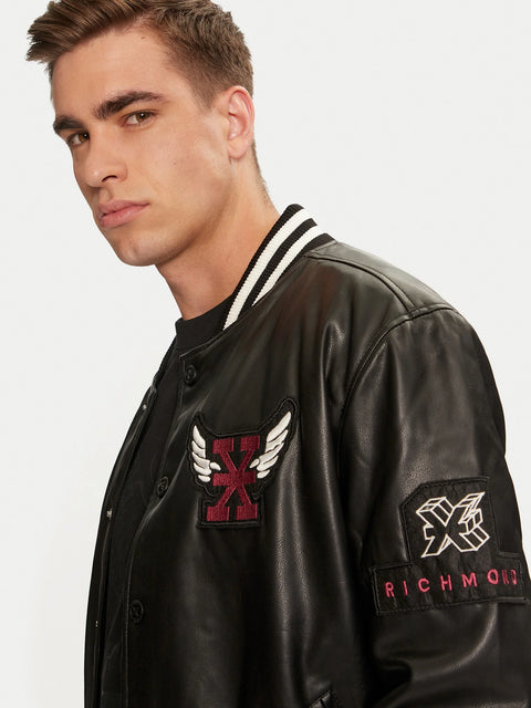 Giacca RICHMOND X bomber ecopelle con patch nero – MASCARO
