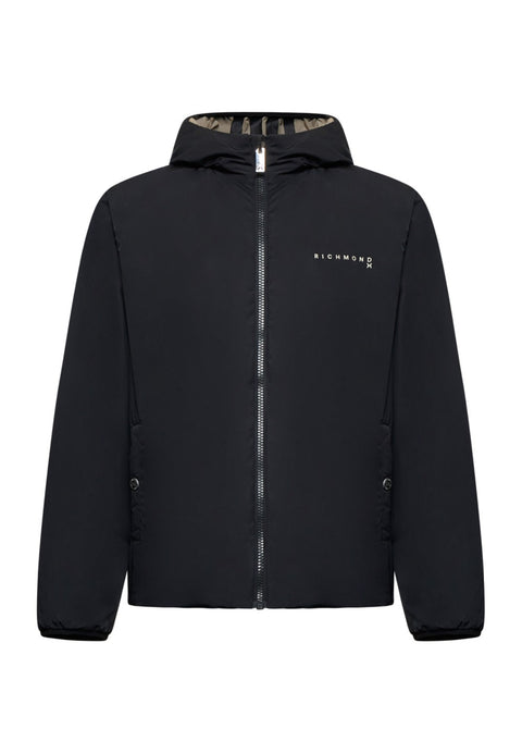 Giubbino reversibile RICHMOND X stampa logo cappuccio nero/crema