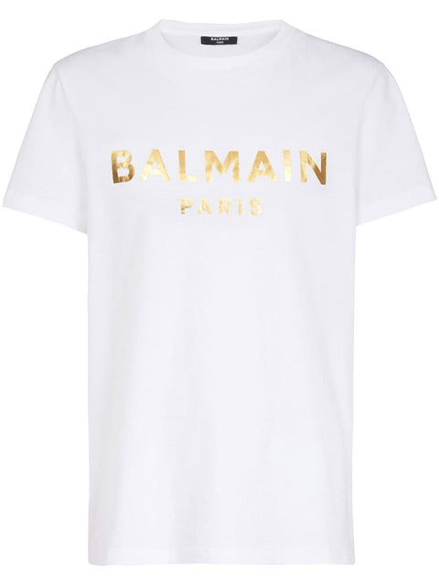 T-shirt BALMAIN stampa logo oro bianca