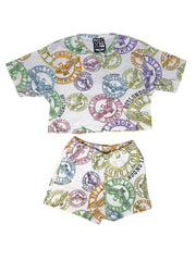 Completino estivo donna BOY LONDON t-shirt corta + short stampa all over bianco/multicolor