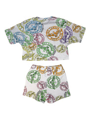 Completino estivo donna BOY LONDON t-shirt corta + short stampa all over bianco/multicolor