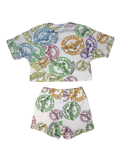 Completino estivo donna BOY LONDON t-shirt corta + short stampa all over bianco/multicolor