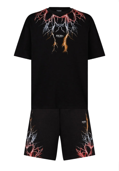 Completo estivo PHOBIA ARCHIVE t-shirt + pantaloncino fulmini rosso/grigio/arancione nero