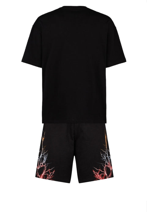 Completo estivo PHOBIA ARCHIVE t-shirt + pantaloncino fulmini rosso/grigio/arancione nero