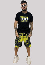 Completino estivo PYREX t-shirt+ bermuda in rete stampa Esotic nero/giallo