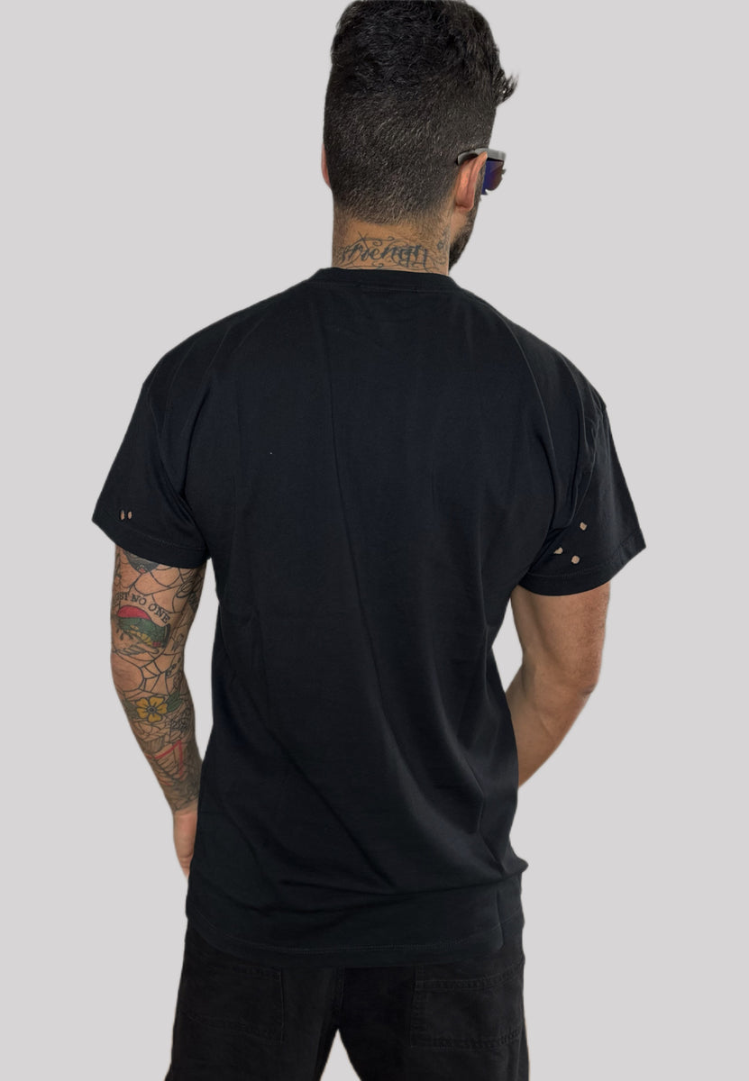 Tony Effe T-shirt TRIPLOSETTE 777 buchi logo nera – MASCARO