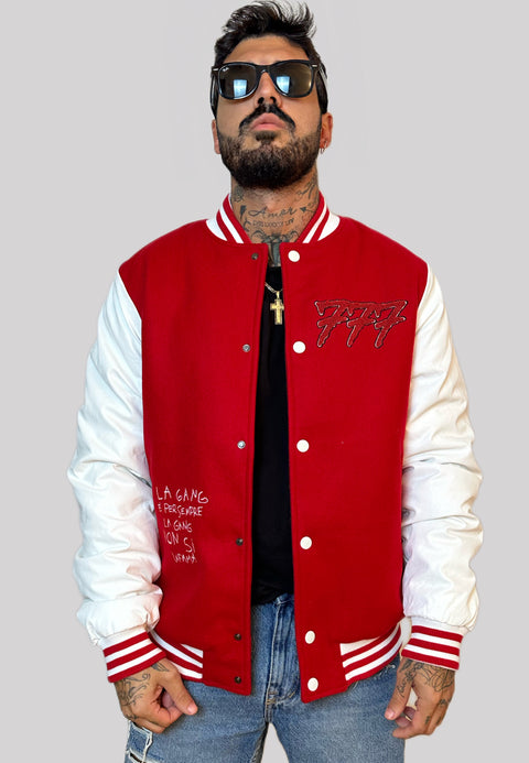 Tony Effe bomber TRIPLOSETTE 777 college in panno e ecopelle con patch bicolore rosso