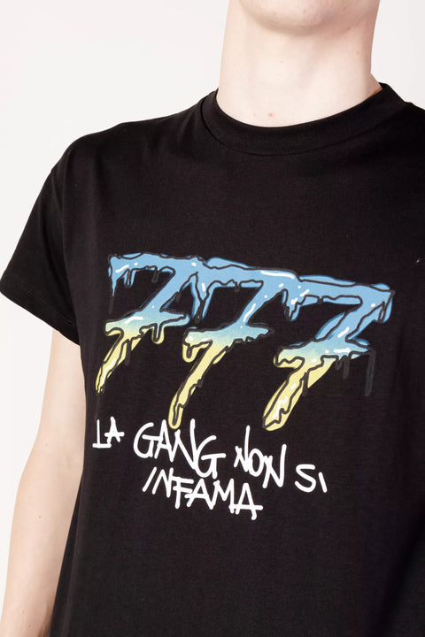 Tony Effe T shirt TRIPLOSETTE 777 con stampa graffiti nera MASCARO